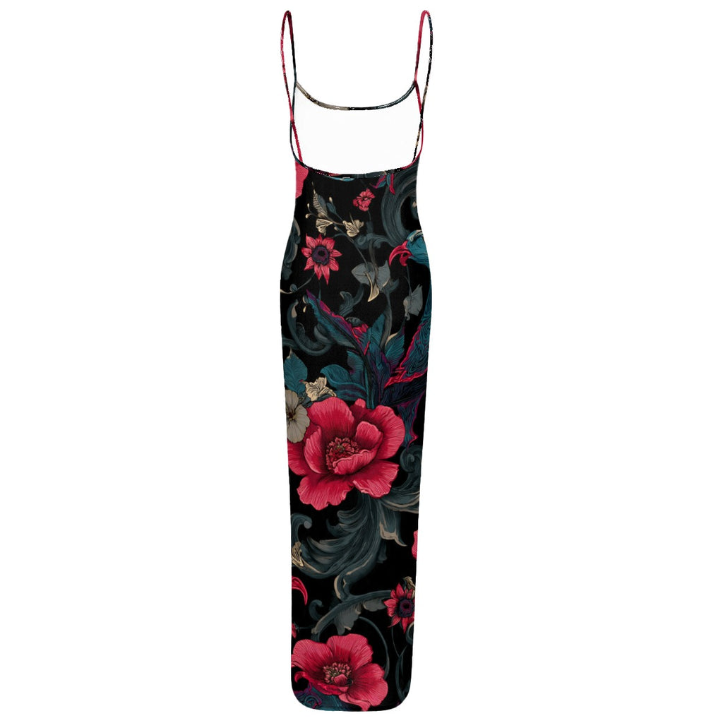 All-Over Print Women's Sheer Mesh Backless Spaghetti Strap Maxi Dress