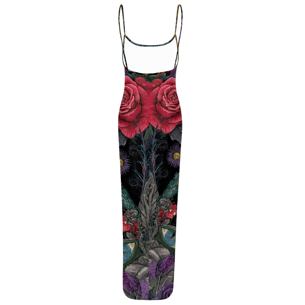 All-Over Print Women's Sheer Mesh Backless Spaghetti Strap Maxi Dress
