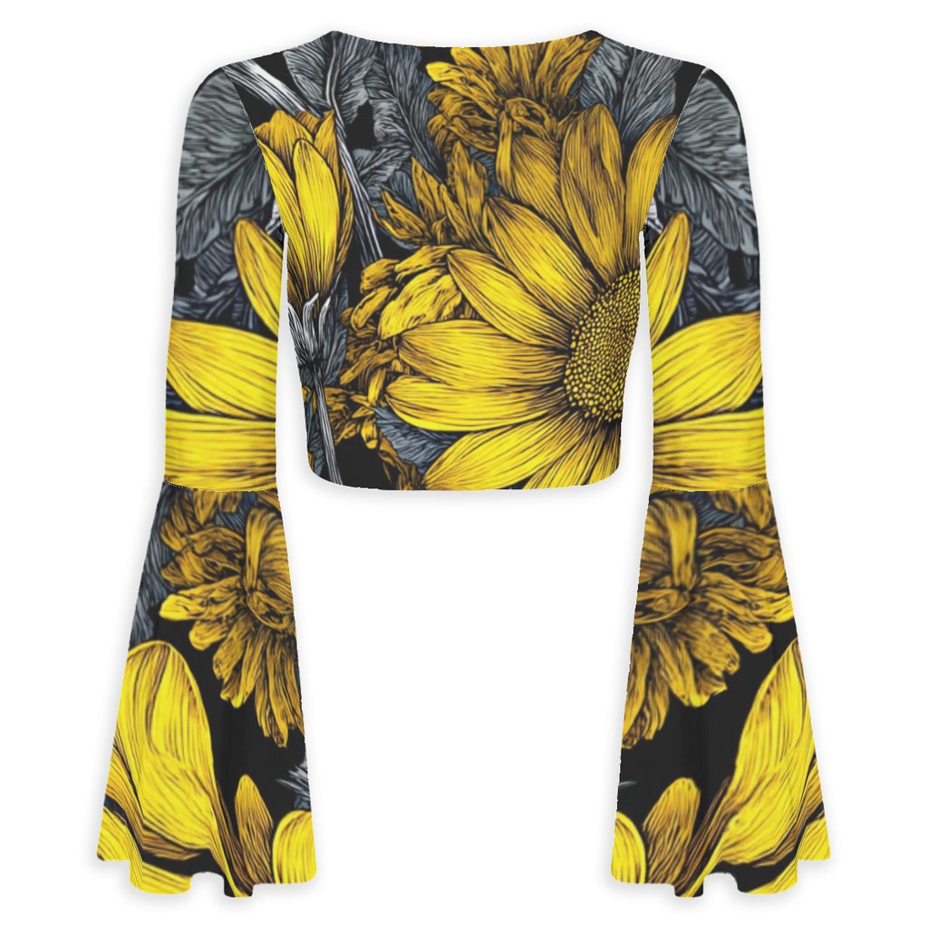 All-Over Print Women's Elegant Flared Sleeve Tie-Front Crop Top