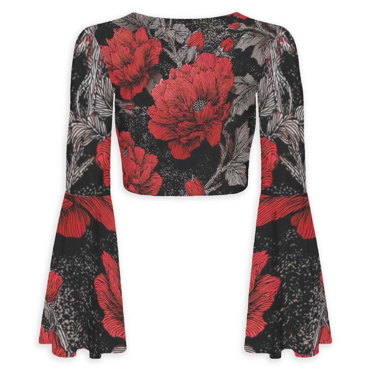 All-Over Print Women's Elegant Flared Sleeve Tie-Front Crop Top