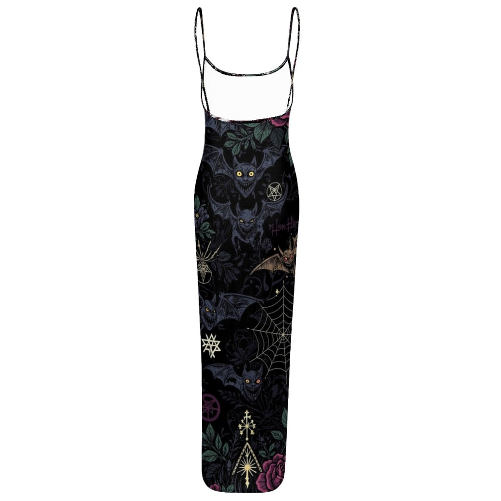 All-Over Print Women's Sheer Mesh Backless Spaghetti Strap Maxi Dress