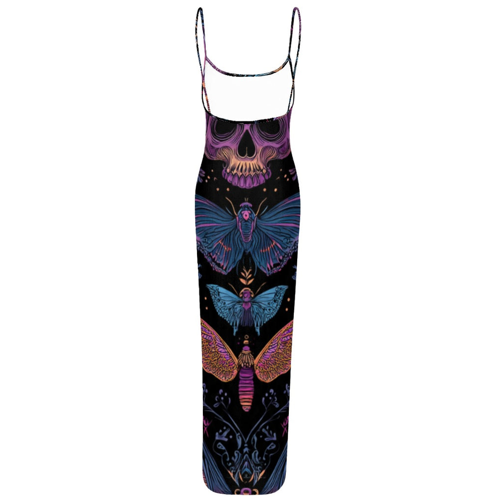All-Over Print Women's Sheer Mesh Backless Spaghetti Strap Maxi Dress