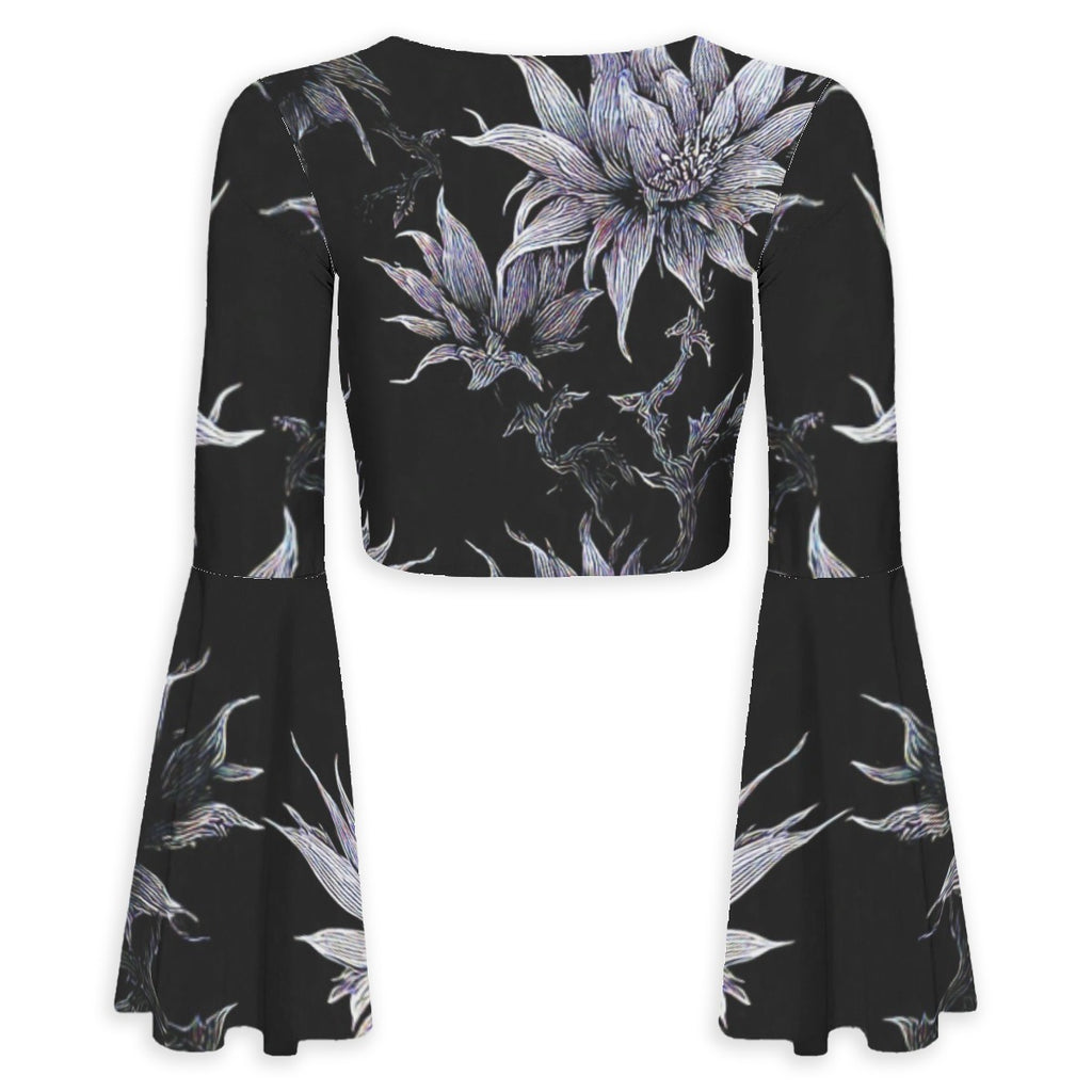 All-Over Print Women's Elegant Flared Sleeve Tie-Front Crop Top