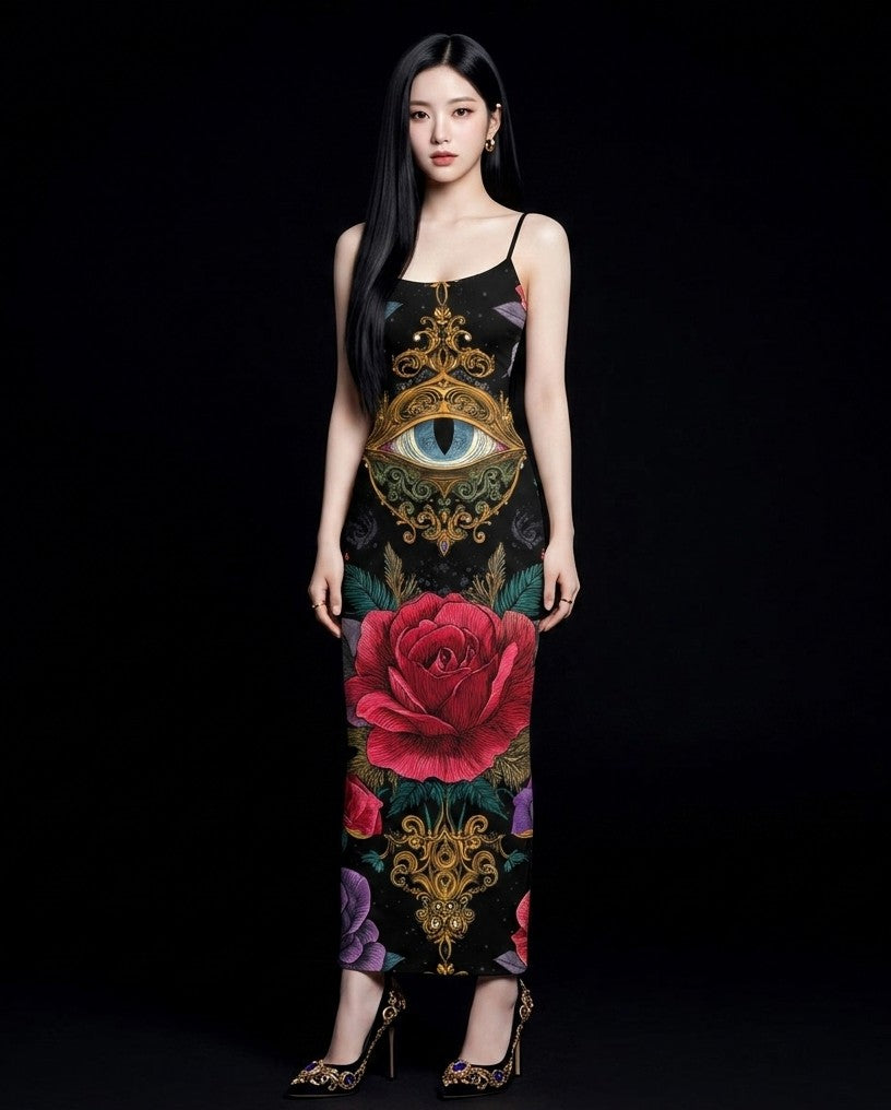 All-Over Print Women's Sheer Mesh Backless Spaghetti Strap Maxi Dress