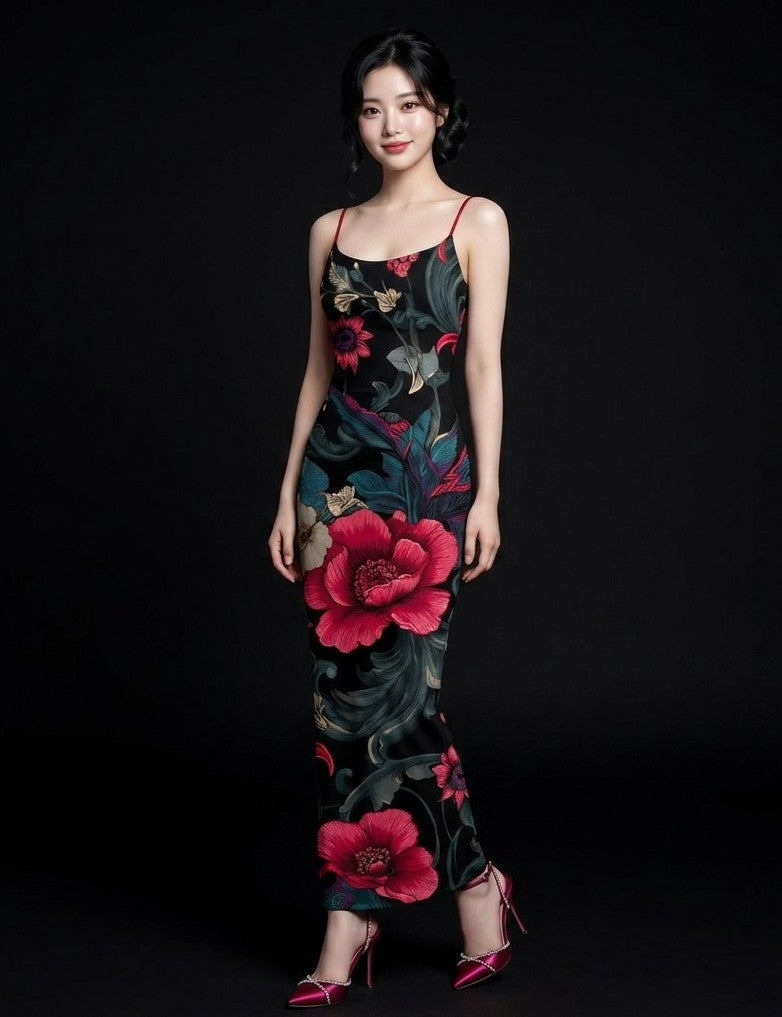 All-Over Print Women's Sheer Mesh Backless Spaghetti Strap Maxi Dress