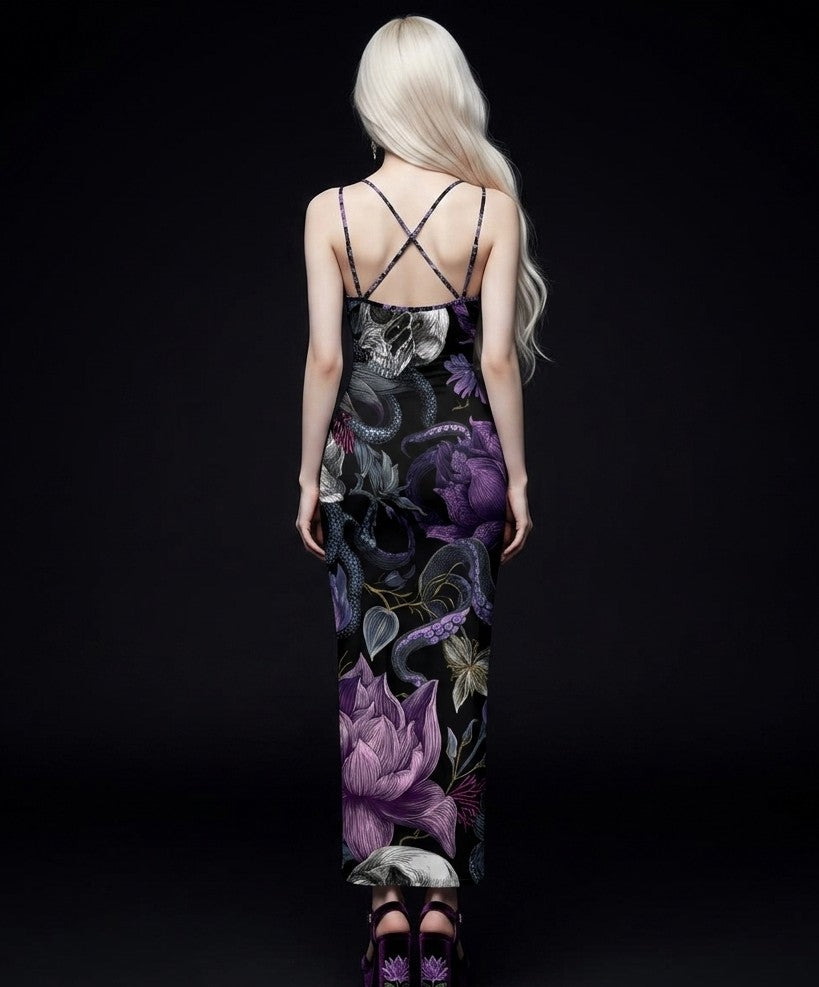 All-Over Print Women's Sheer Mesh Backless Spaghetti Strap Maxi Dress
