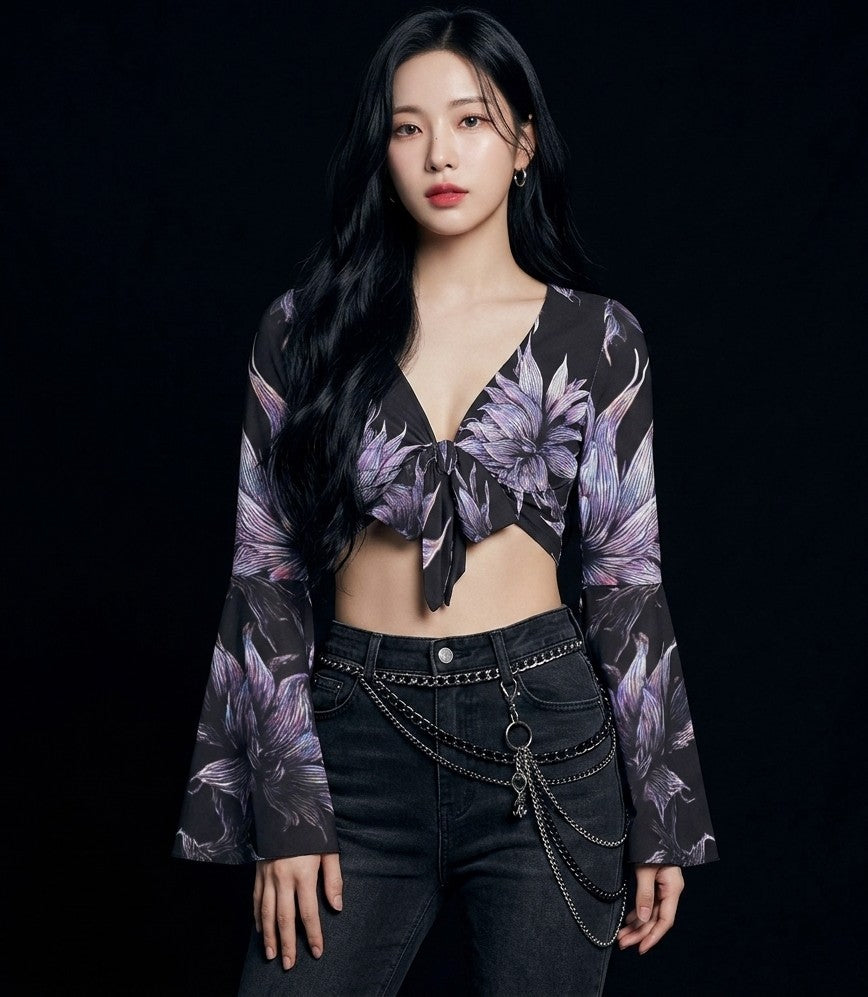 All-Over Print Women's Elegant Flared Sleeve Tie-Front Crop Top