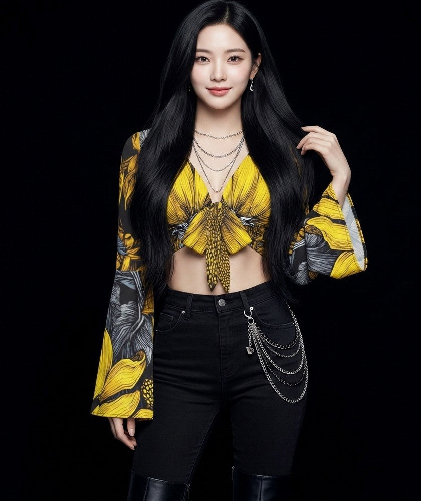 All-Over Print Women's Elegant Flared Sleeve Tie-Front Crop Top