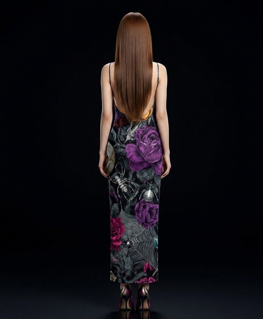 All-Over Print Women's Sheer Mesh Backless Spaghetti Strap Maxi Dress