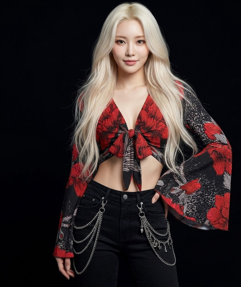 All-Over Print Women's Elegant Flared Sleeve Tie-Front Crop Top