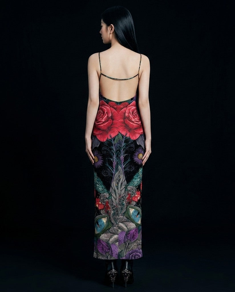 All-Over Print Women's Sheer Mesh Backless Spaghetti Strap Maxi Dress