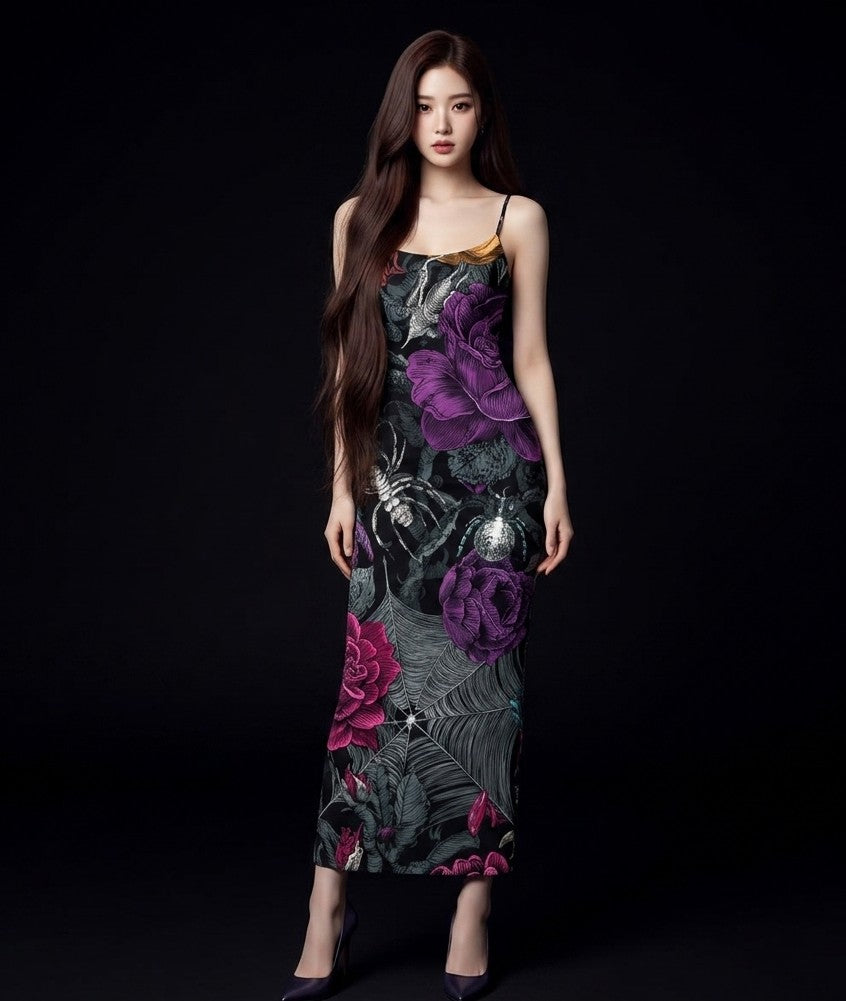 All-Over Print Women's Sheer Mesh Backless Spaghetti Strap Maxi Dress