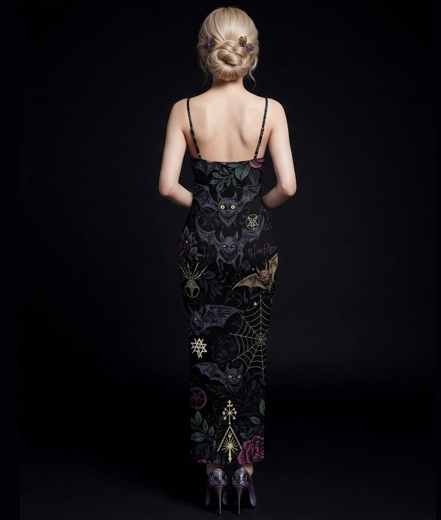 All-Over Print Women's Sheer Mesh Backless Spaghetti Strap Maxi Dress