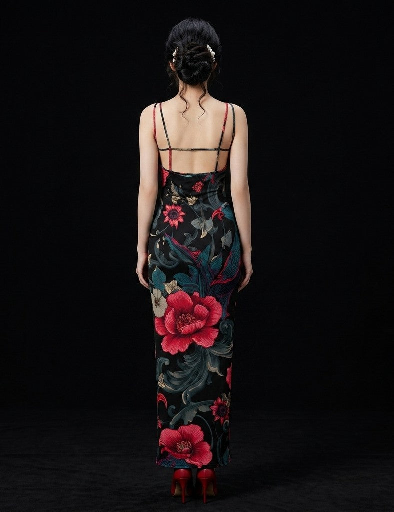 All-Over Print Women's Sheer Mesh Backless Spaghetti Strap Maxi Dress