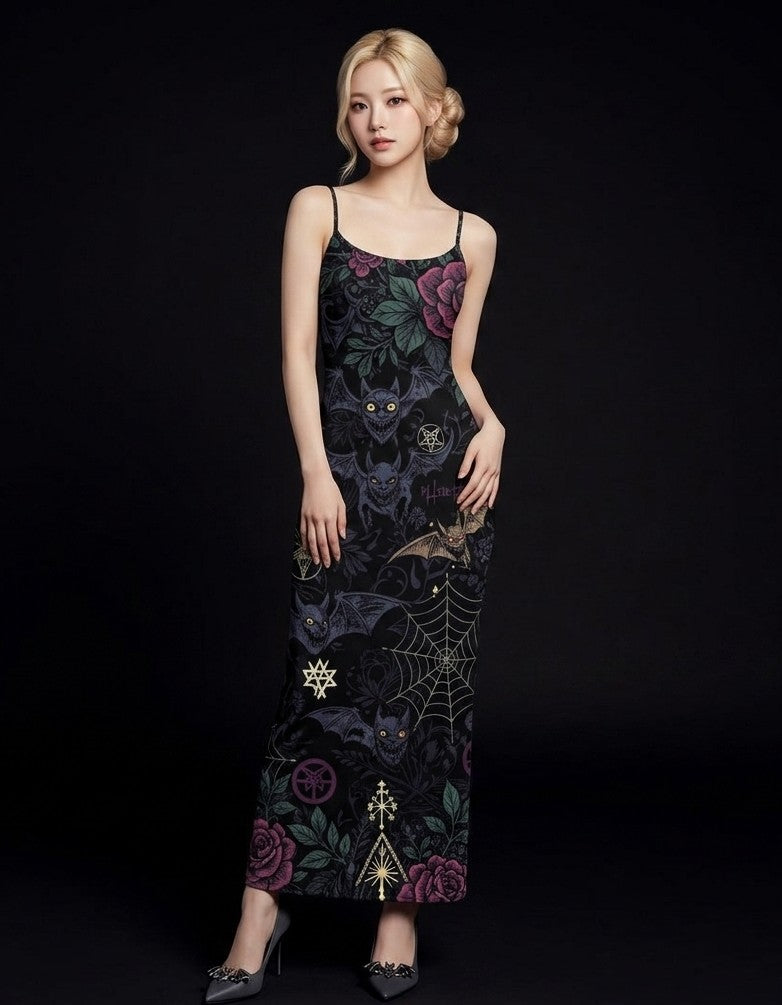 All-Over Print Women's Sheer Mesh Backless Spaghetti Strap Maxi Dress