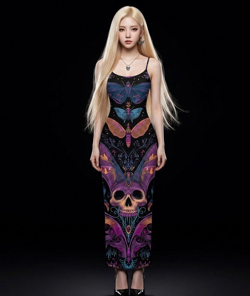 All-Over Print Women's Sheer Mesh Backless Spaghetti Strap Maxi Dress