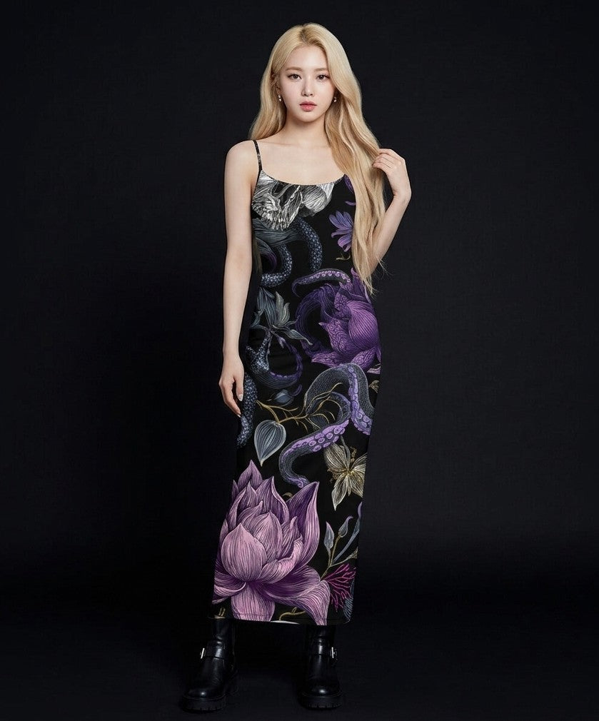 All-Over Print Women's Sheer Mesh Backless Spaghetti Strap Maxi Dress